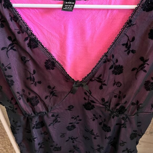 SHEIN ICON 90s Floral Print Bow Front Lettuce Trim Crop Mesh Tee Y2K XL - Picture 8 of 12